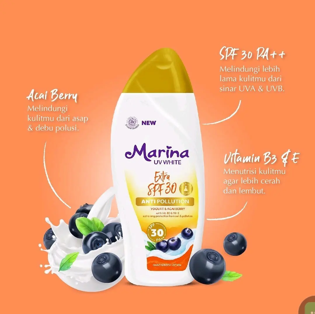 SPF 30 Marina UV White Extra SPF30 Anti Pollution 185 ml Body Lotion Halal