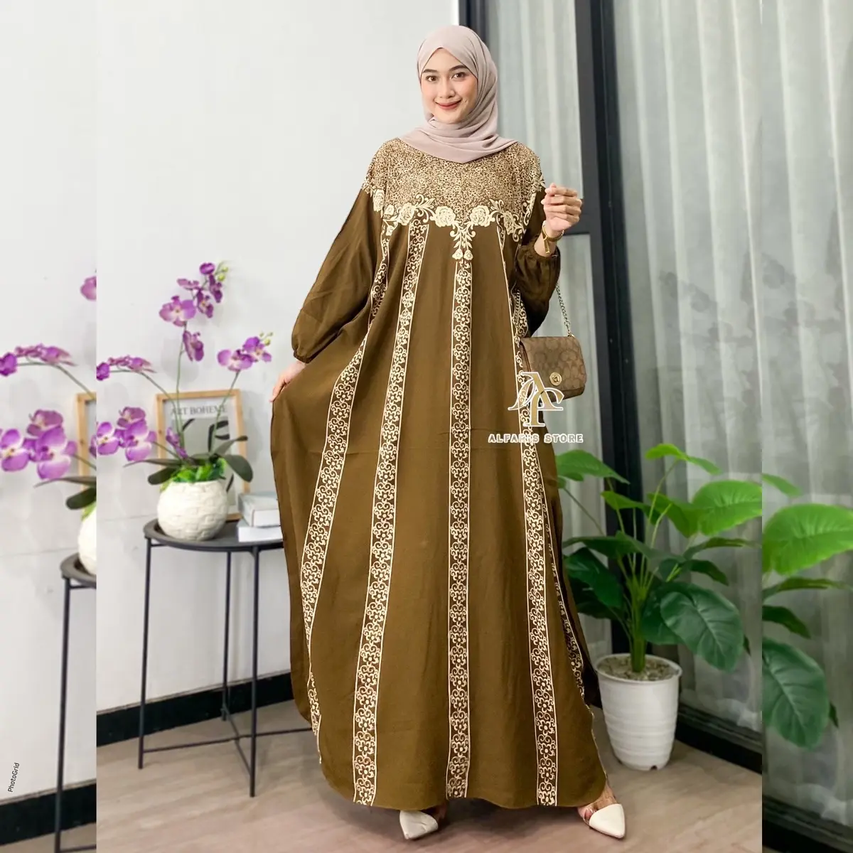 Kaftan Rayon Jumbo Motif Bear Dendana Ld 180 cm Gamis Panjang Muslim Wanita