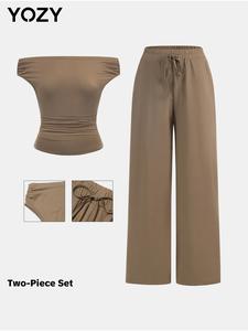 YOZY Women's Solid Off Shoulder Top & Drawstring Waist Wide Leg Pants Two-Piece Set, Casual Fashion Cozy Breathable Two Piece Outfits for Daily Outdoor Wear, Ladies Clothes for All Seasons