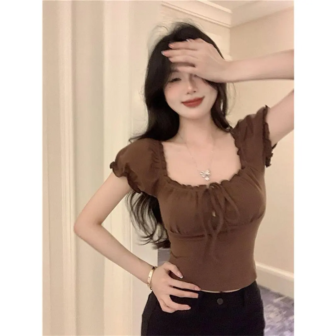 Áo Phông Cổ Vuông Thanh Lịch, Phong Cách thiểu số Pháp, Ngắn Tay, Dành Cho Nữ, Hàng Mới Về Mùa Hè, Vai, Mỏng Vừa Vặn, Áo Tay Phồng Hở Eo, Ins Hợp Xu hướng Women Top Shirt Sơ Mi
