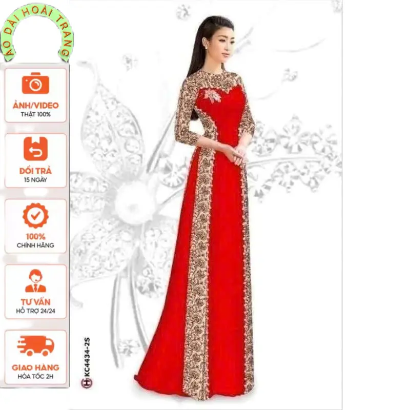 Áo dài in 3D Hoa  cổ tròn tay phồng vải lụa nhật - Áo Dài Hoài Trang