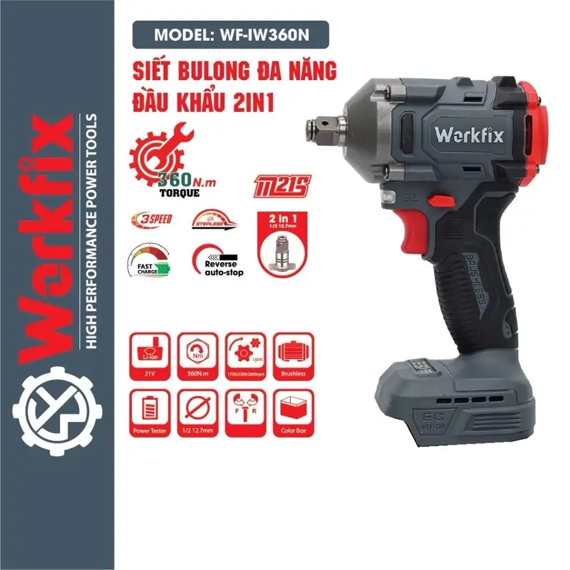 Thân bulong WORKFIX WF - IW360N Đầu 2 trong 1 - không chổi than - cốp inox ( K PIN SẠC) 1