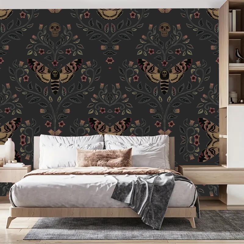 Skull Head Moth Pattern Wall Sticker, 1 Roll Waterproof Self-adhesive Wallpaper, Removable Wall Decal for Home Living Room Bedroom Dormitory Decor 4