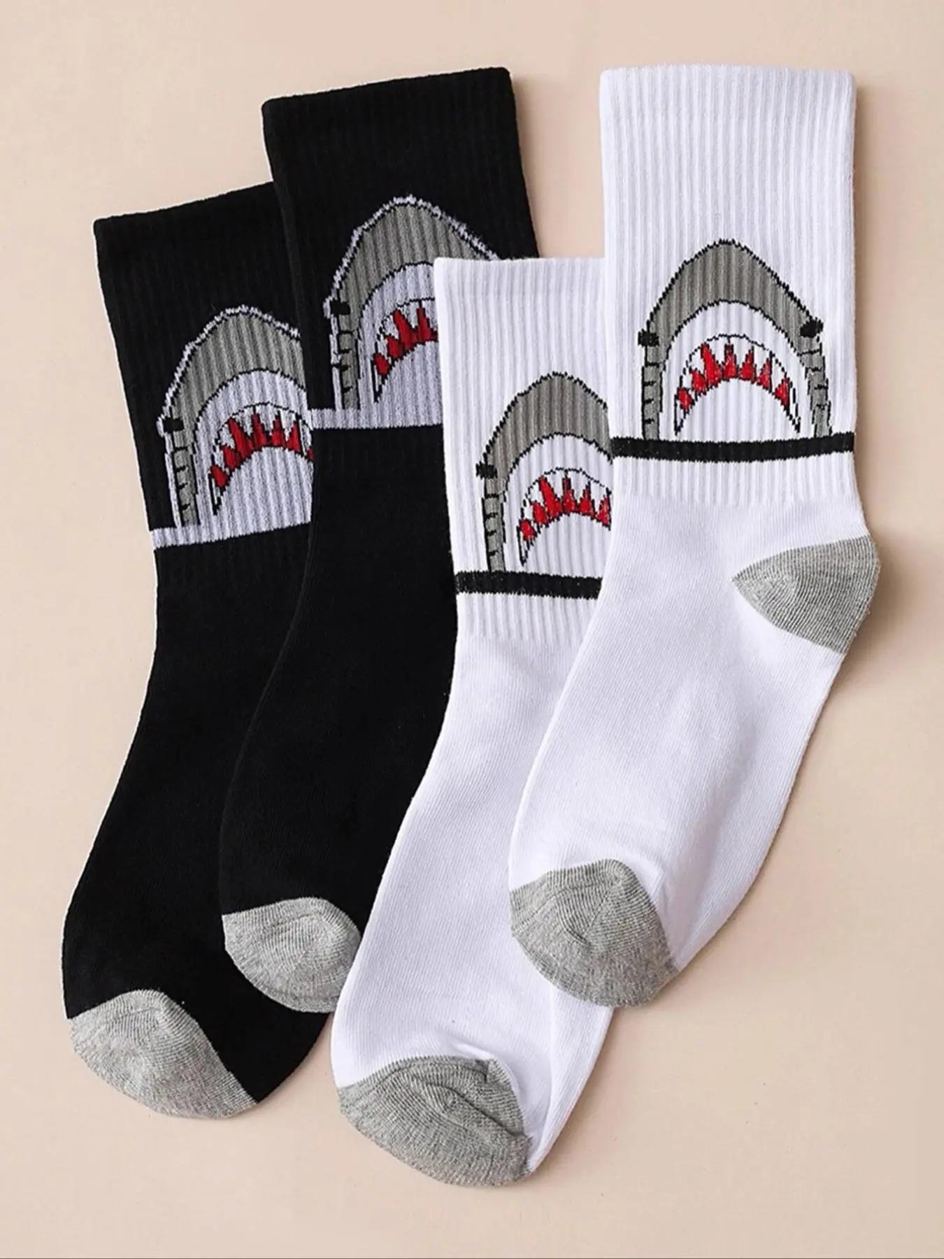 Men's 2 Pairs Shark Print Crew Socks, Casual Comfortable Breathable Socks for All Seasons, Men's Socks for Daily Wear