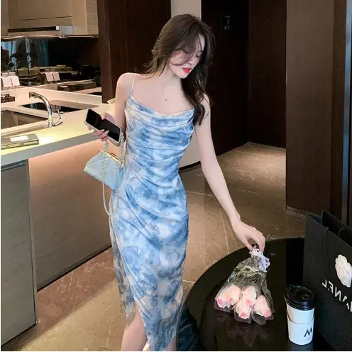 Rosy Blue Midi Dress with Cowl Neck Bunga Biru - Dress Casual Kasual / Korean Dress Korea Fashion Outfit / Summer Party Dress Sexy Seksi / Holiday Dress Picnic Piknik - Daisy Dres Floral Motif Abstrak Gaun Panjang Vintage Pantai Mini