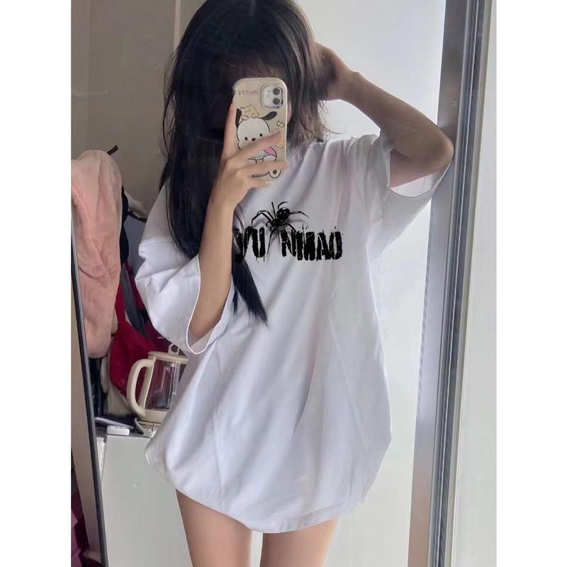 Áo Thun ngắn tay, In Chữ Nhện, Dành Cho Nữ, Phong Cách Cổ Điển Mỹ Thu Nhỏ Sang Trọng Đường Phố Cao Cấp Dễ Phối Đồ Rộng Thùng Thình Thời Trang, Hợp Xu hướng, Áo Thời Trang 3