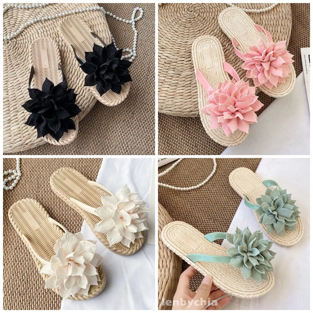 Lenbychia - [Sẵn size] Dép cói nữ xỏ ngón đính hoa xinh xắn - ứng dụng cao, đi làm, văn phòng, đi dạo, đi biển - TN16