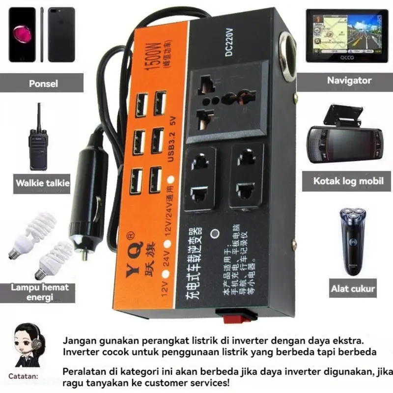 1500W DC Portable USB Car Power Inverter Adapter With 6 USB Ports 12V/24V To AC 220V Charger Fast Charging Car Universal Socket black Paket ResellerFyur 6