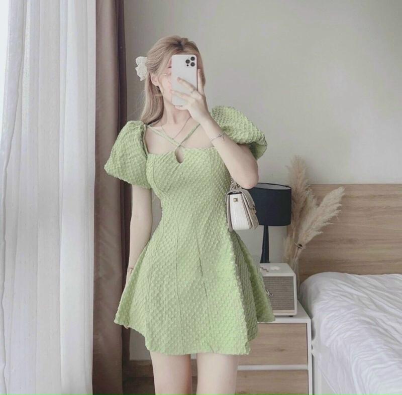 Đầm Xốp Tay Bồng Dây Cổ Yếm Tiểu Thư Nữ Dress 5