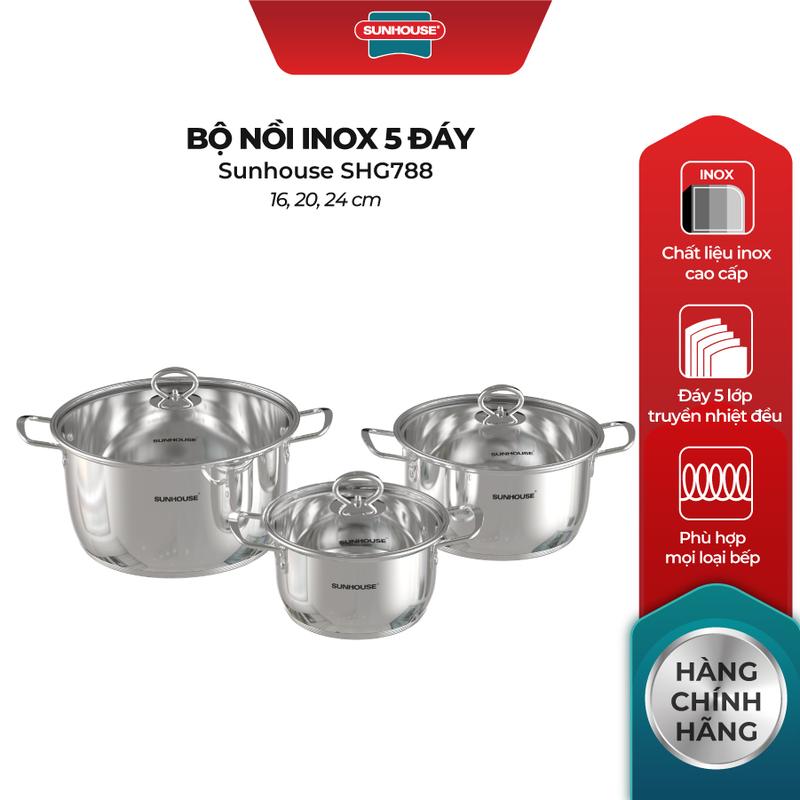 Bộ nồi inox 5 đáy Sunhouse SHG788 – 3 nồi: 16-20-24cm – Đáy 5 lớp, dùng mọi loại bếp – Vung kính, tay cầm tiện lợi