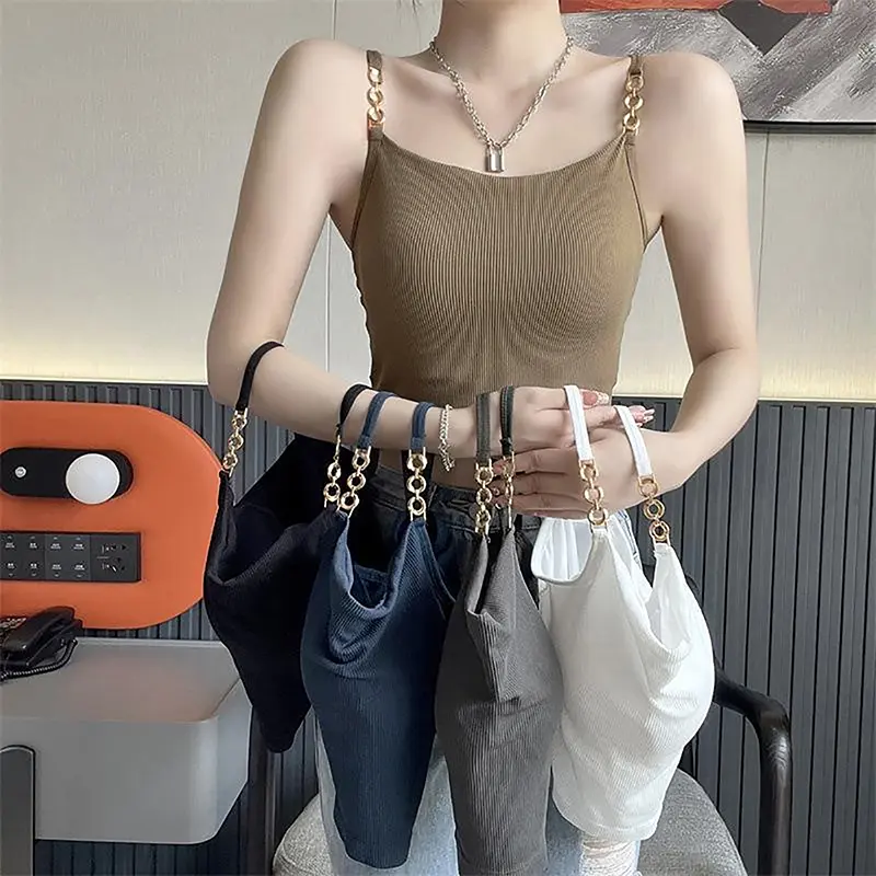 Summer Hottie Chain Camisole Women Solid Color Sleeveless  Tank Top With Chest Pad