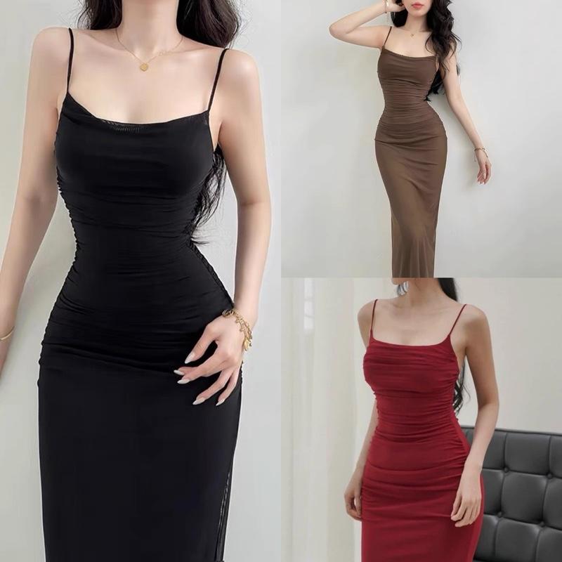 (SIMI HOUSE) VÁY BODY HAI DÂY LADONG NHÚN SƯỜN / Váy sang chảnh thiết kế 2s basic Dress 2025 0