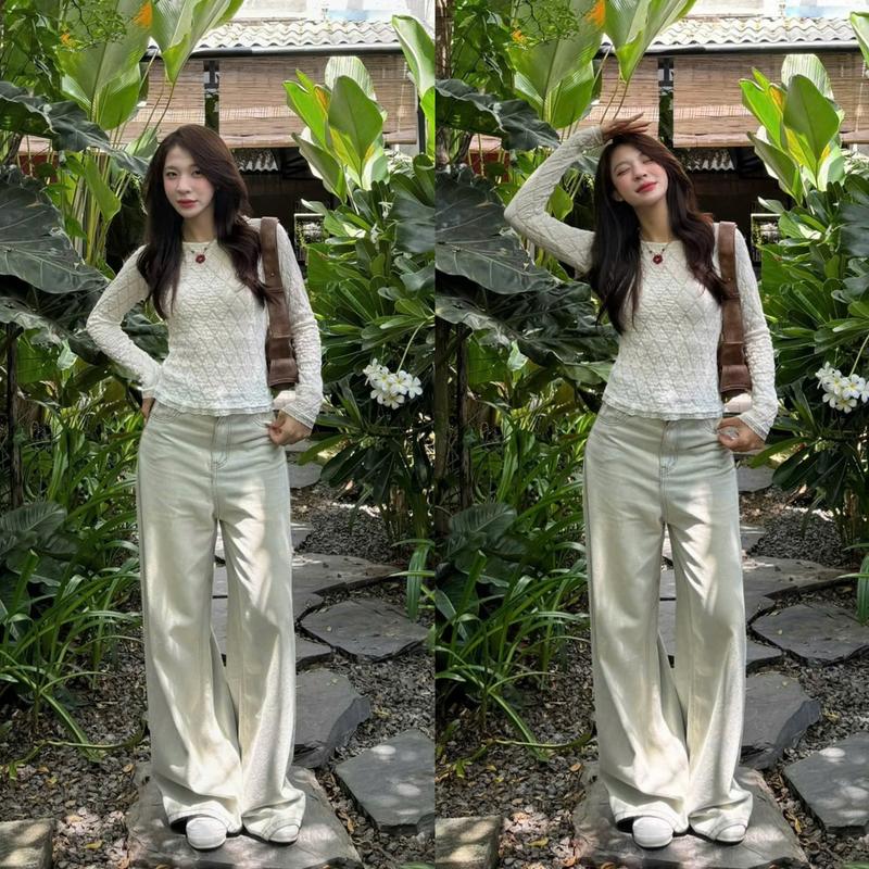 Quần jeans xanh bạc ánh rêu QC ống rộng 7599