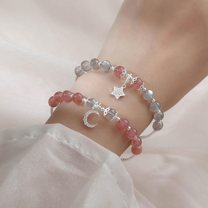 Vòng Tay Pha Lê Dâu Tây Đá Mặt Trăng, Phong Cách Hàn Quốc, Bạc Sterling Của Phụ Nữ, Đơn Giản Và Cá Nhân Hóa, Vòng Tay Màu Hồng, Thích Hợp Cho Học Sinh, Trang Sức Bạn Gái, Thiết Kế Mặt Trăng Sao 0