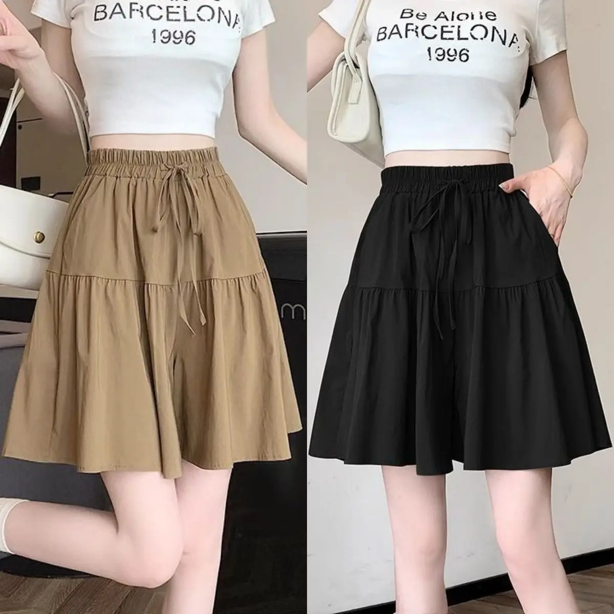 Quần Culottes Quần Đùi Ống Rộng, Chất Liệu Lụa Lạnh Nhanh Khô, Dành Cho Mùa Hè Của Phụ Nữ, Mỏng Và Rộng Rãi, Co Giãn, Quần Thường Ngày Quần Cropped Xếp Ly Women Pants