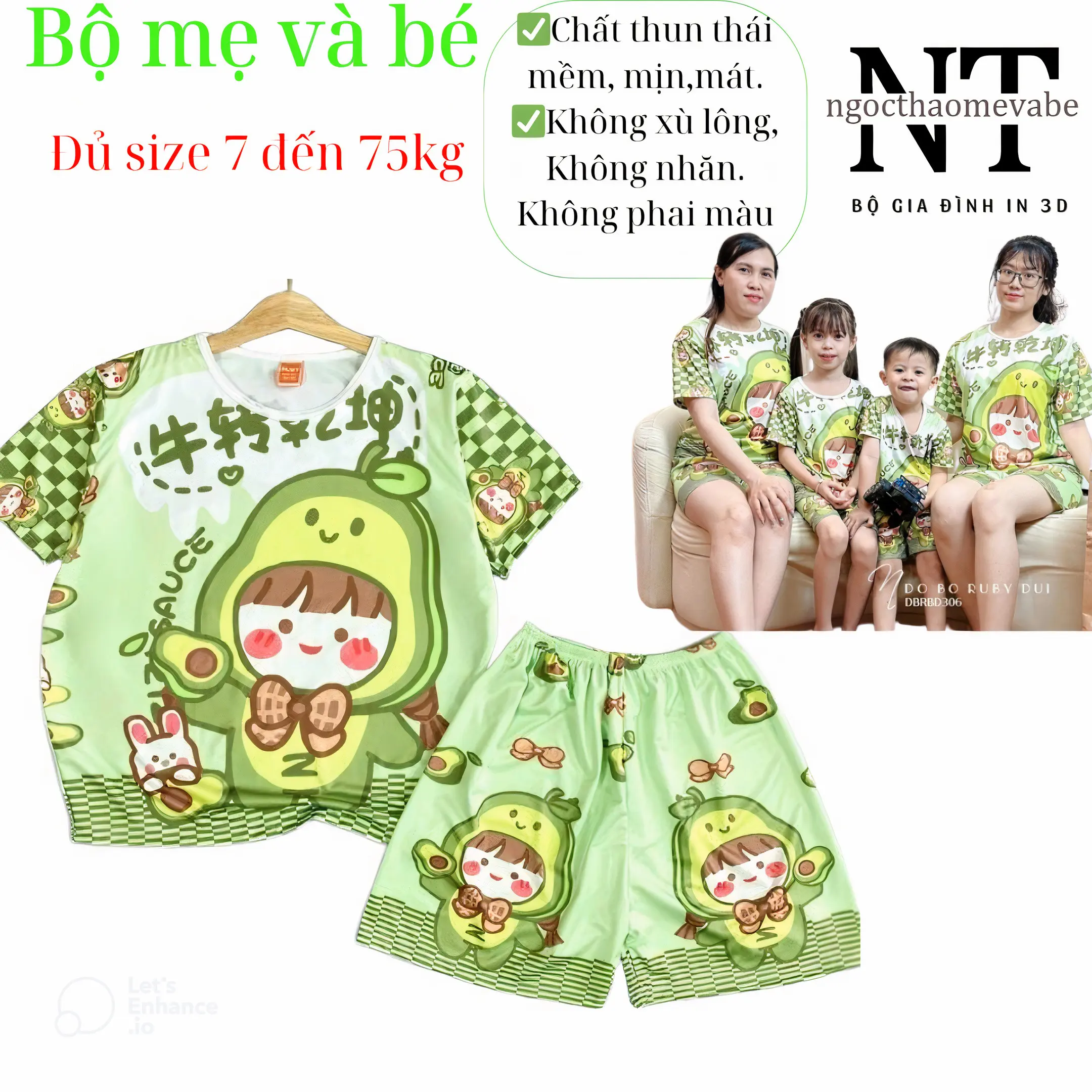 Đồ bộ thun phù hợp mặc cặp mẹ và bé mẫu bơ áo cộc tay quần đùi chất thun thái mềm, mịn, mát, k nhăn, k xù lông, mặc được cho bé trai, bé gái, cho cả gia đình   Nữ Women Top