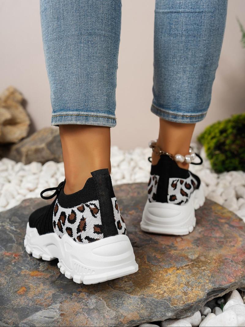 Product Introduction of Women's Fashionable Leopard Pattern Lace Up Running Shoes, Casual Comfortable Breathable Sports Shoes, Female All-match Round Toe Shoes for Daily Wear 3