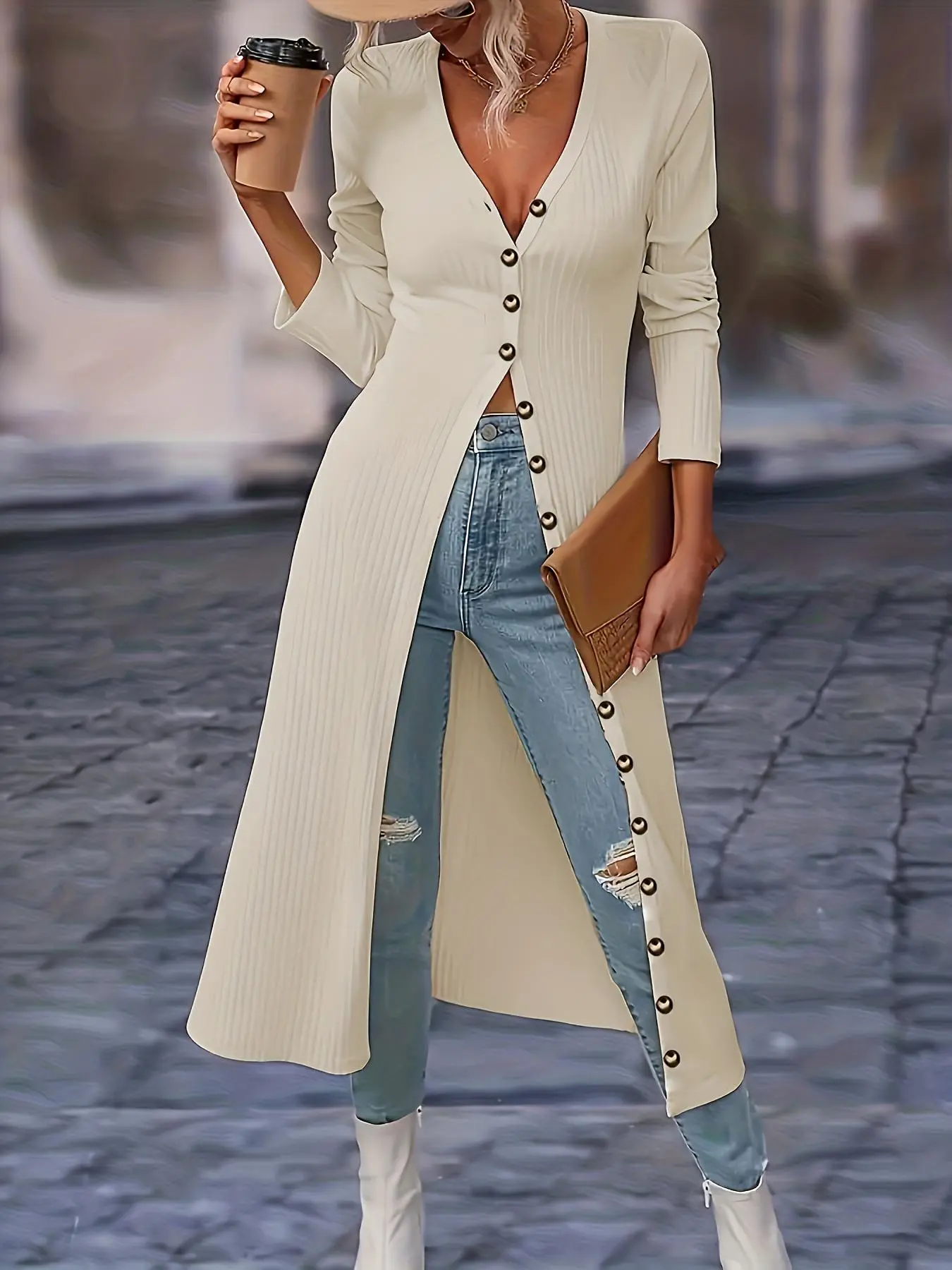 Women's Trendy Button Front Long Sleeve Long Cardigan, Casual Solid Deep V Neck Knitwear for Spring & Fall, Women's Clothing for Daily Wear