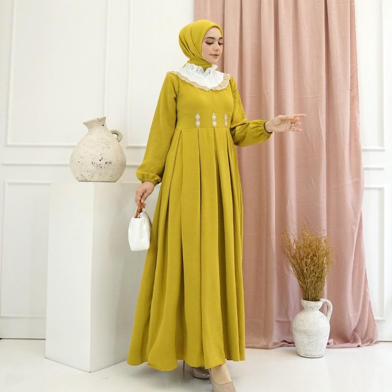 Gamis Renda sweet lengan panjang model fashion wanita muslim modem terbaru new arrival model kekinian kombinasi brukat 7