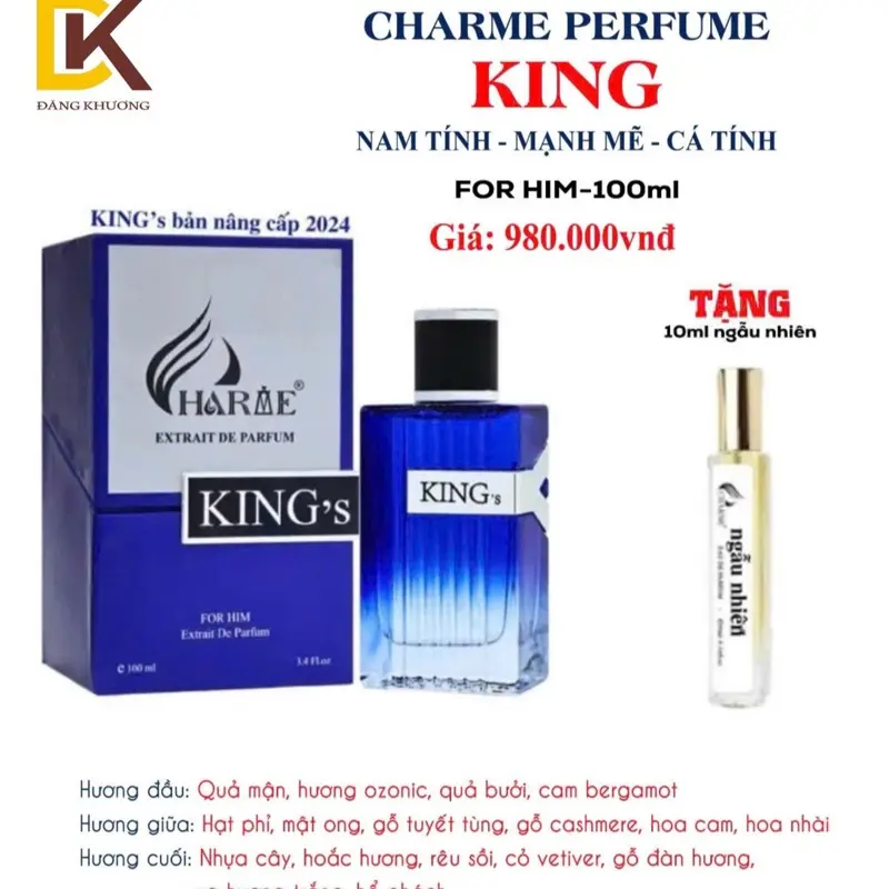 CHARRME PERFUME Nước Hoa KING 100ml xịt thơm dành Cho Nam [tang kèm 1 chai nước hoa 10ml ngẫu nhiên]