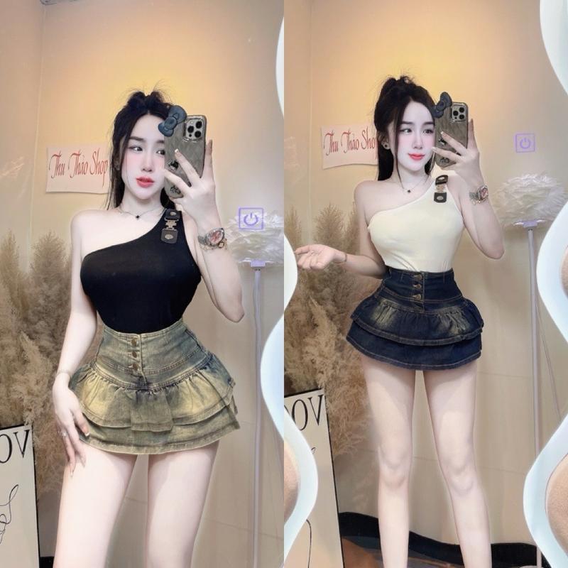  Áo lệch vai 1 bên có kèm mút đệm fom croptop 