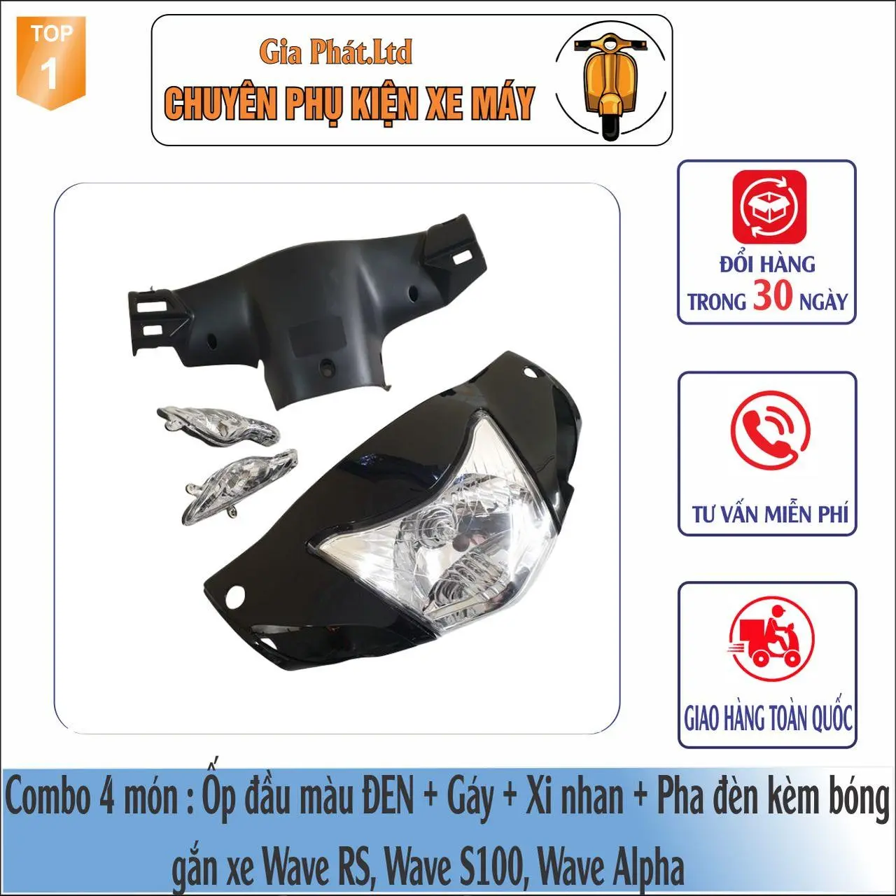 Trọn bộ 4 món ốp đầu, gáy,pha đèn kèm bóng và 1 đôi xi nhan gắn xe Wave Alpha -RS-S100 màu ĐEN ( đời xe năm 2006-2016)