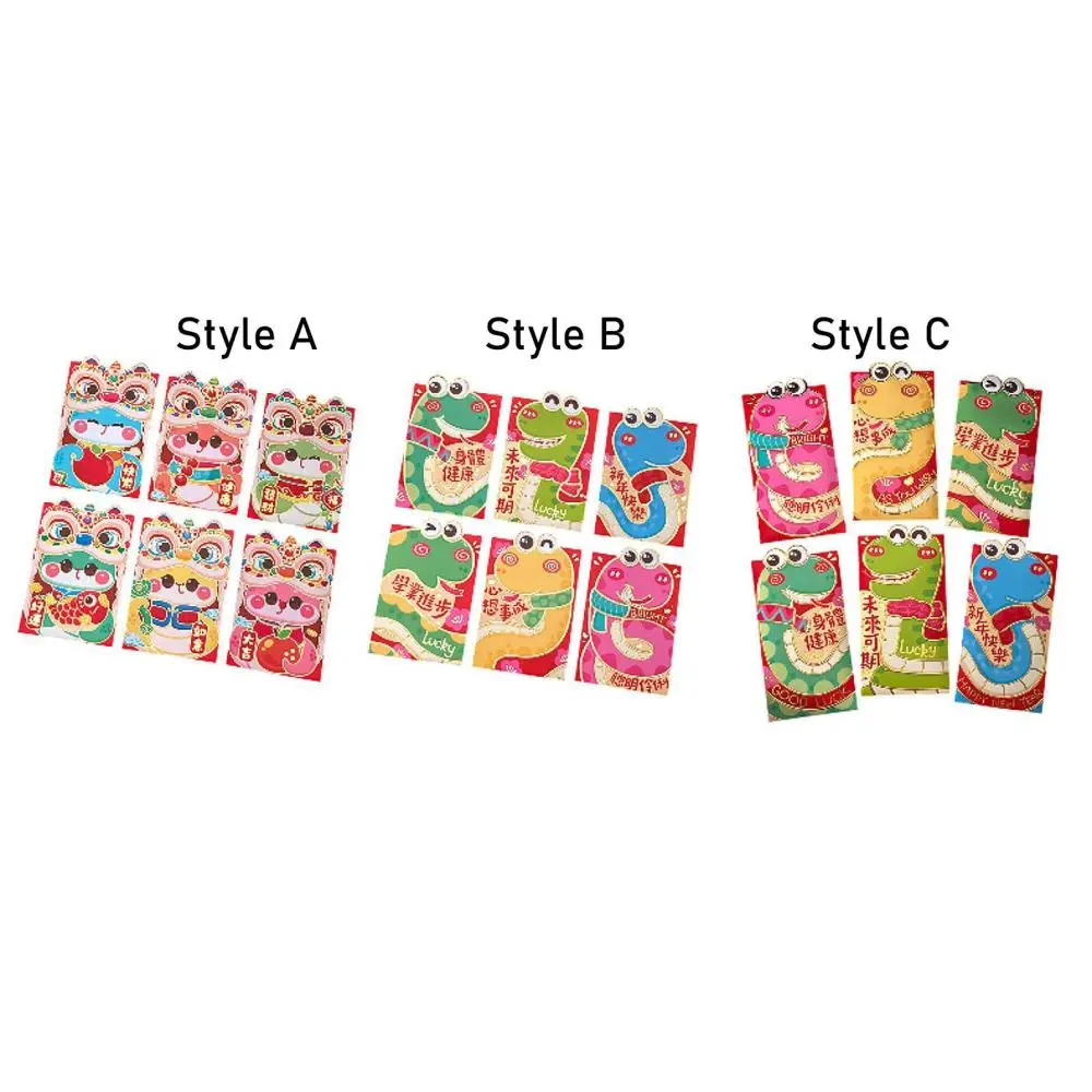 6Pcs 2025 Snake Year Chinese Red Envelopes Lunar New Year Cartoon Hongbao for Housewarming Gift Office Birthday Graduation Party