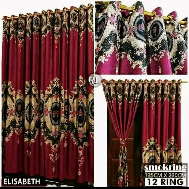 PROMO !!! Paket(isi 4 pcs)gorden smokring 12ring free tali gorden/gorden pintu jendela motip sultan gratis tali gorden Gold Kain Curtain Katun