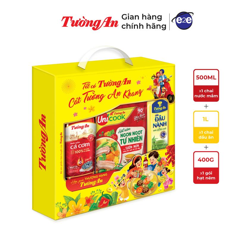 Hộp quà COMBO Tết Tường An 2024 : Nước mắm Tường An 40 Độ Đạm - Đậm Đà 500ml x 1 Gói, Hạt nêm Tường An Unicook Sườn Non, Xương Ống và Nước Cốt Thịt Hầm 400g x 1 Chai, Dầu đậu nành Tường An Premium 1L x 1 chai Gia Vị