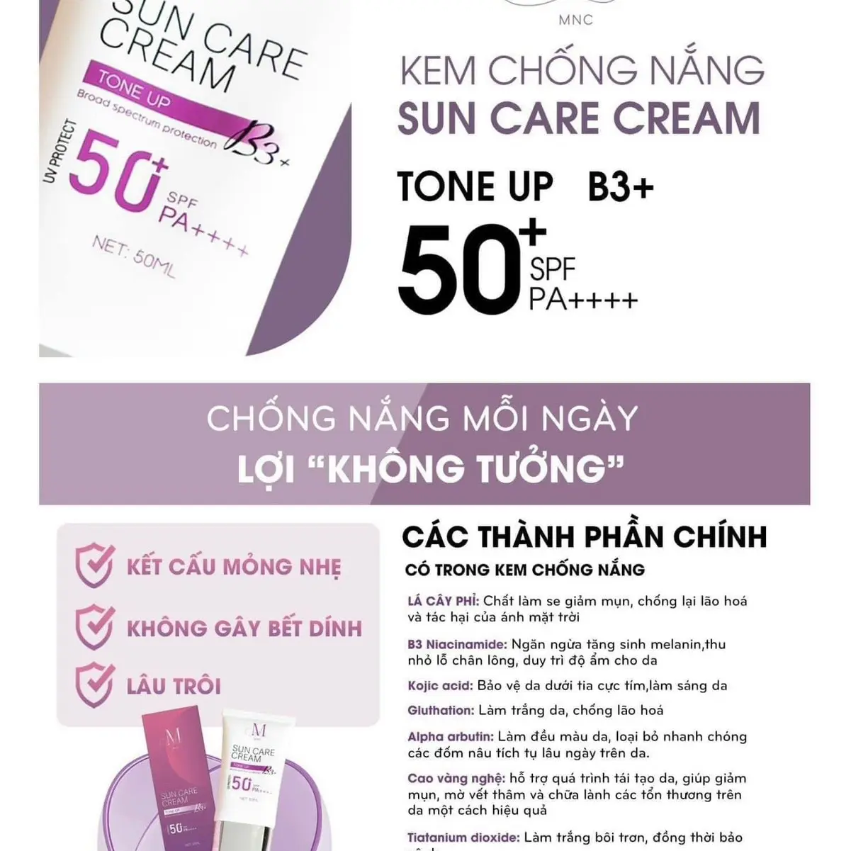 Kem Chống Nắng B3+ MNC SPF 50+ Dưỡng Body Nữ