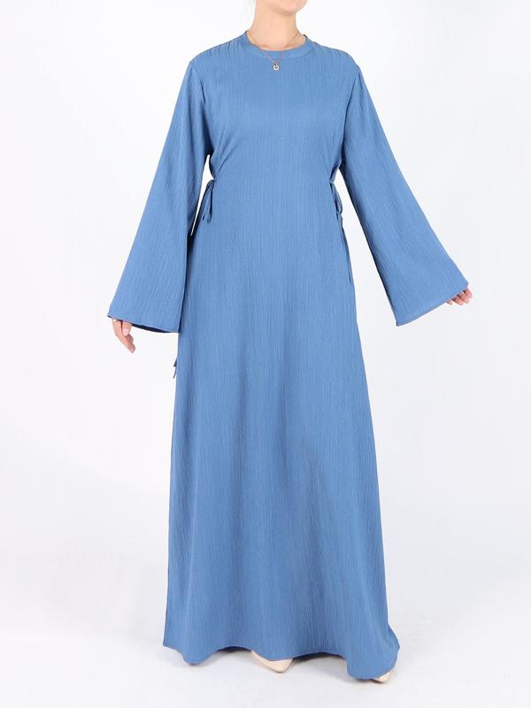Women's Plain Tie Front Flounce Sleeve Dress, Elegant Long Sleeve Round Neck Dress for Spring & Fall, Women's Clothing for Daily Wear, Modest Clothes 4