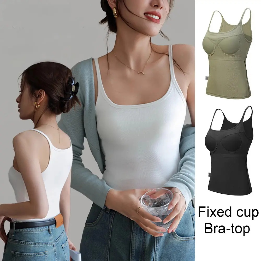 [Queen's Studio] Cotton U-neck fixed-cup tank top, bra-top, basic white black Grey Camisoles
