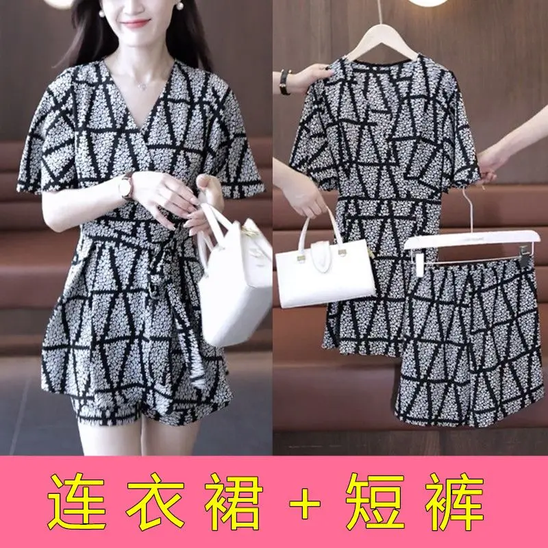 Bộ Váy Và Quần Đùi, Chất Liệu Voan, Dành Cho Nữ, Bộ Đồ Mùa Hè Mới, Che Bụng, Cỡ Lớn, Phong Cách Thanh Lịch Và Xã Hội, Dễ Phối Đồ, Váy Và Quần Đùi Nữ, Bộ Đồ Hai Mảnh Women Áo
