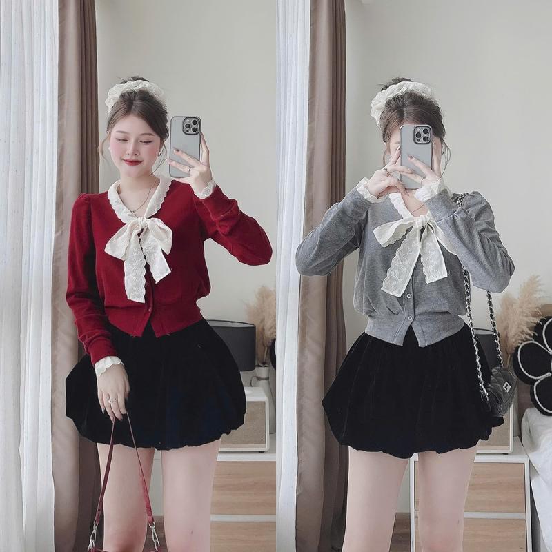 Set đồ nữ áo tăm lạnh tay dài phối nơ ren đính nút cài thật kèm chân váy nhung bí phồng 2 lớp sang chảnh dành cho các nàng diện đi chơi đi tiệc Women Top