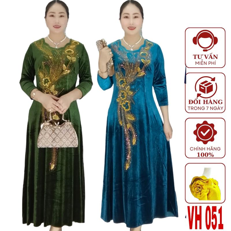 VÁY ĐẦM TRUNG NIÊN #VH051 TẶNG MẸ CHẤT LIỆU VẢI NHUNG  NHẬP KHẨU ĐÍNH ĐÁ KẾT KIM SA  SANG CHẢNH QUÝ PHÁI Nữ Women Dress Voan Voi