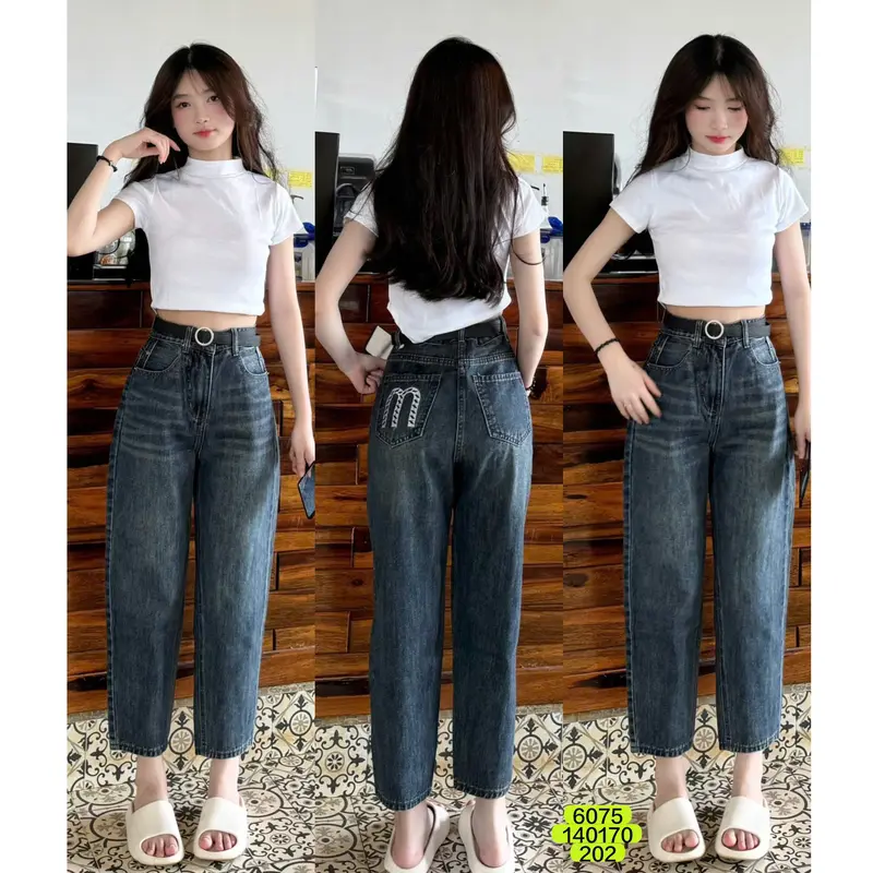 Quần Baggy Jean (Thêu chữ M) Lưng cạp cao, Ống suông vải Jean loại 1 2