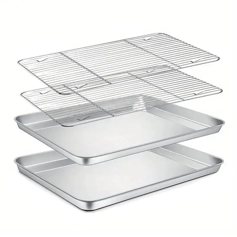 Stainless Steel Cake Baking Tray & Rack Set, 2 Sets Including 2 Counts Square Cake Baking Tray & 2 Counts Rack, Baking Tool for Home Kitchen 0