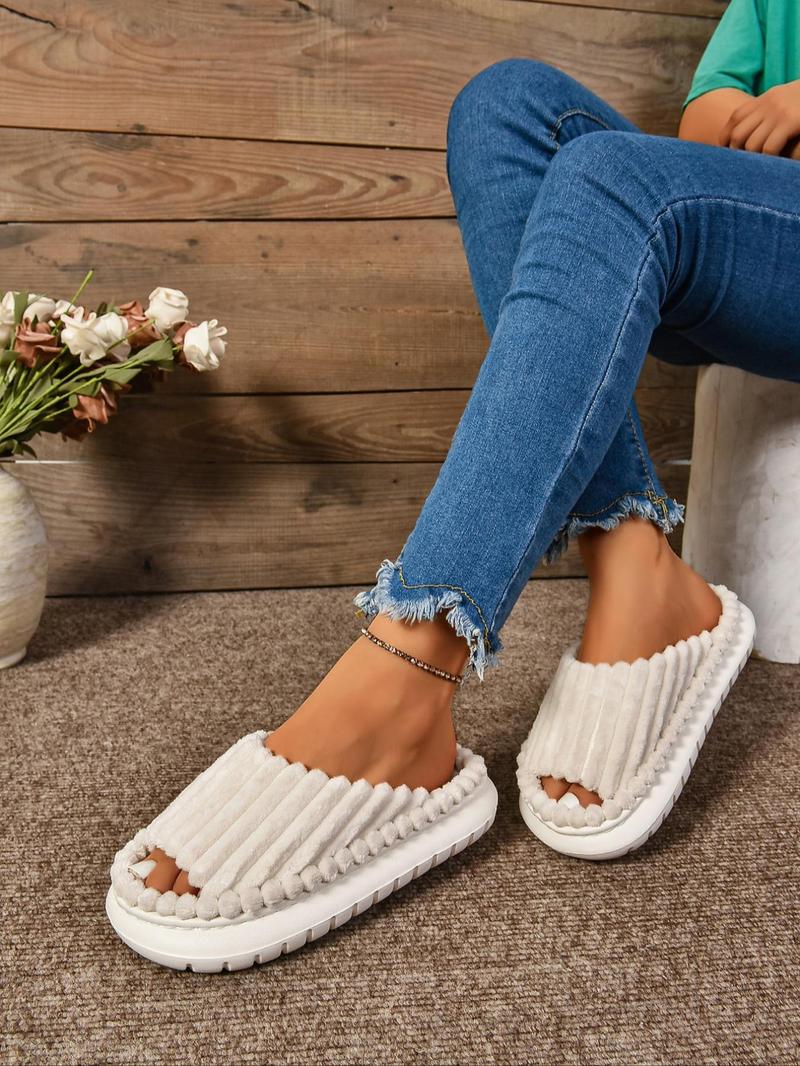 Product Introduction of Women's Solid Textured Design Slippers, Casual Soft Comfortable Home Slippers, Non-slip Thick Sole Slippers for Indoor & Outdoor Wear, Flat Shoes Sandals 9