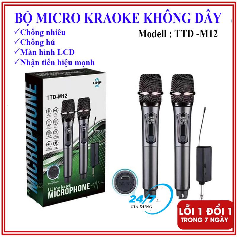 Mic hát karaoke Bộ 2 Micro không dây TTD - M12 cao cấp chống hú chống nhiễu màn hình LCD - Mic hát dùng cho loa kéo âm li