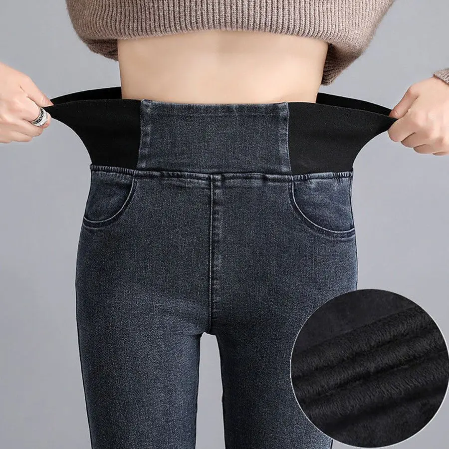 Quần Dài Jean Lót Lông Cừu, Dành Cho Nữ, Cạp Cao, Co Giãn, Mùa Thu Và Mùa Đông, Không Có Đệm Lông Cừu, Ngoại Cỡ, Ôm Sát, Có Thể Mặc Ngoài Trời, Quần Dài Mỏng