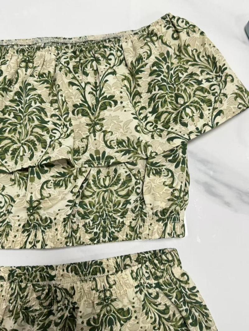 Product Introduction of Women's All Over Print Off Shoulder Top & Wide Leg Pants Set, Casual Fashion Two-piece Set for Summer, Women's Clothing for Daily Wear 4