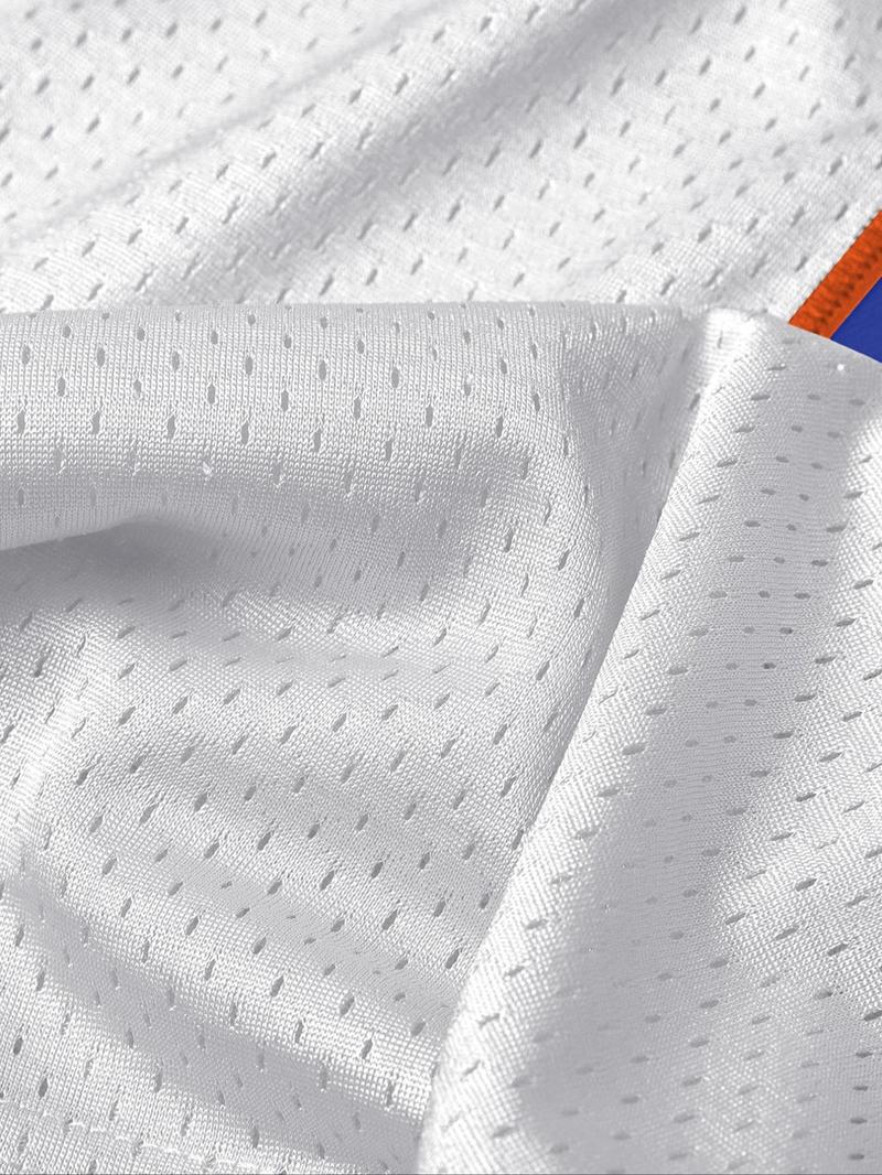 Product Introduction of Men's Letter & Number Embroidery V Neck Short Sleeve Tee,  Loose Breathable Hollow Out T-shirt, Casual Top for Summer 7