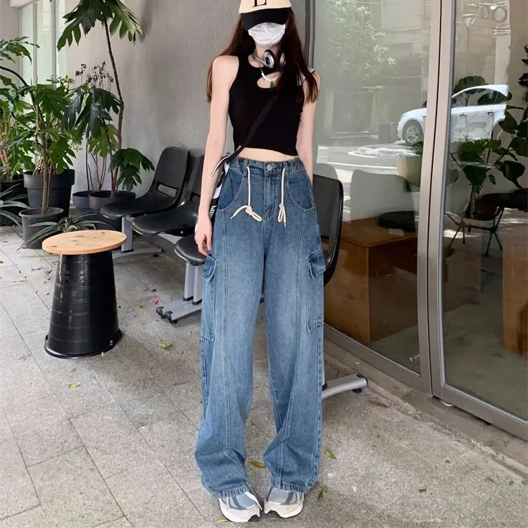 Celana Kerja Jeans Wanita Dengan Tali Serut Dan Banyak Kantong Denim Fit 0
