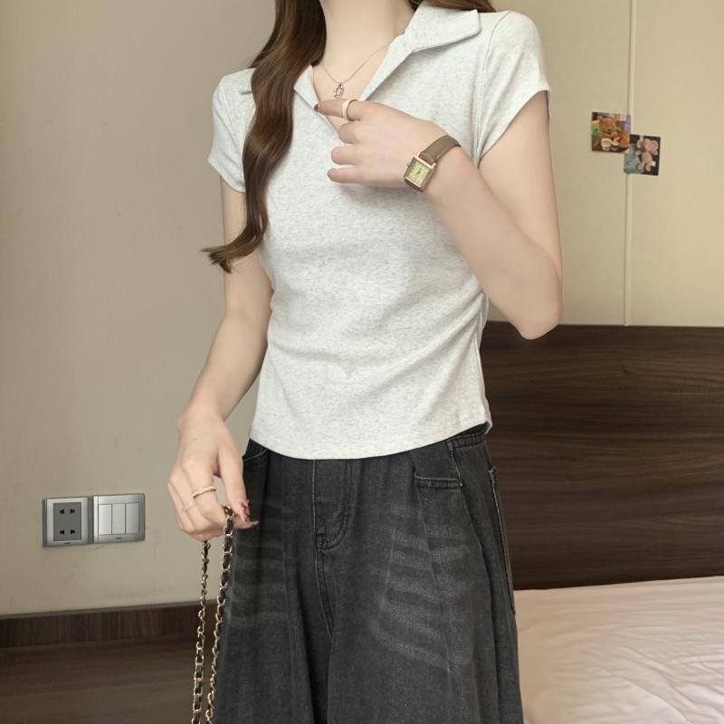 Product Introduction of 106 # Real Shot Real Price 40s Pure Cotton 210g (92% Cotton/8% Spandex) Polo Collar Waist-Cinching Short Sleeve T-Shirt for Women Top Womenswear 26