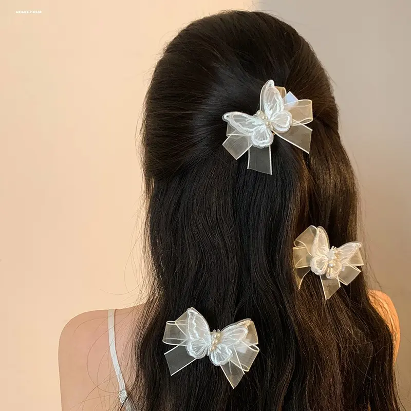 Super Fairy White Mesh Butterfly Pearl , Female Sen Series Fairy Beauty Butterfly Bow Small , Side Braided Hair Accessory