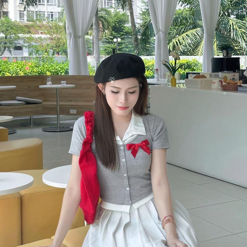  Áo polo thun phối siêu xinh có minisize bigsize Phương Phương House tặng cài nơ xinh xắn đỏ baby tee cho bigsize Nữ Top Women Kem 