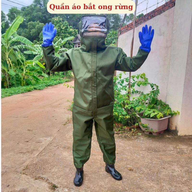 Quần áo bảo hộ bắt ong rừng bạt da 2 lớp có túi đựng quạt sau lưng