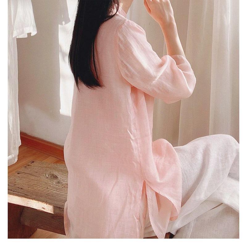 Áo Sơ Mi Mùa Hè, Phong Cách Cổ Điển Vải Bông Giả Và Vải Lanh, Thiết Kế Trung Quốc, Áo Sơ Mi Dài Trung Bình Dáng Rộng Vừa Vặn, Áo Tay Lỡ Ba Phần Tư, Dành Cho Nữ 5