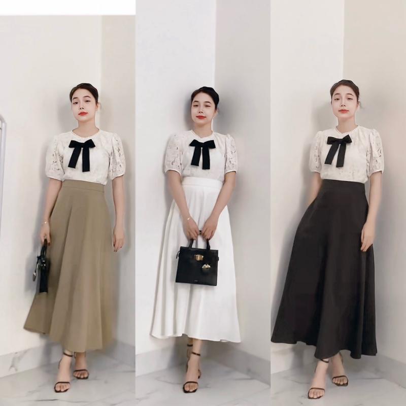  Chân Váy Suông Chữ A 2 Lớp 90cm Dáng Dài Công Sở Nữ  Trắng Đen Bơ Già  - Nhung Voi 