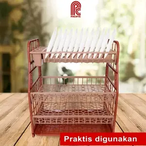 Rak Piring Dapur Dapat disesuaikan 2 Lapis (Rak Pacific Coklat) Besi Penyimpanan